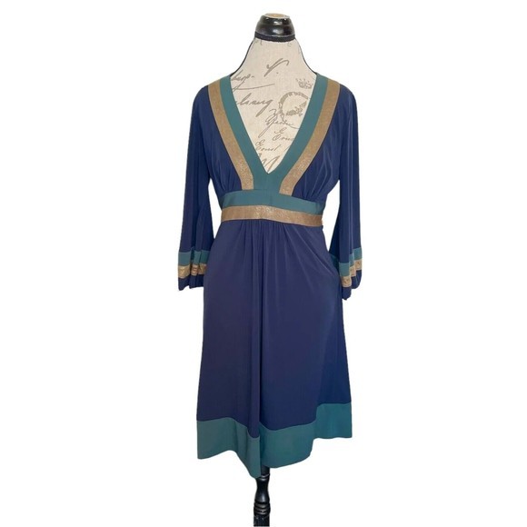 Laundry By Design Dress Size Small V Neckline Gold Green Trim Empire Striped - Picture 4 of 12